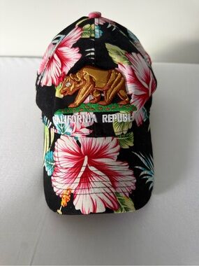 California Republic Floral Baseball Cap - Black with Pink Hibiscus